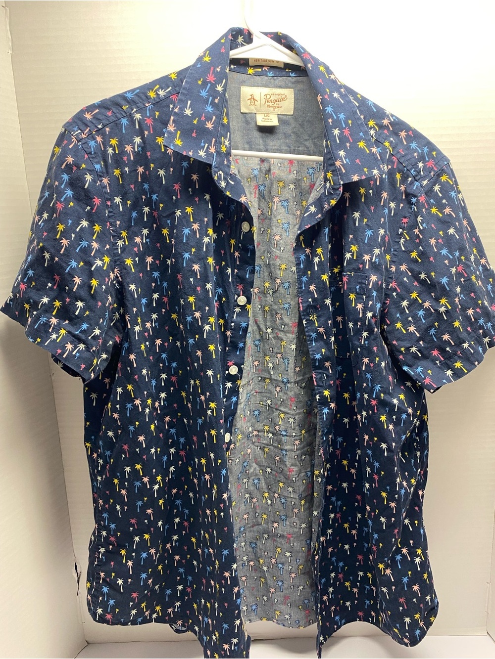 Original Penguin Navy Short Sleeve Button-Down with Multicolor Palm Print